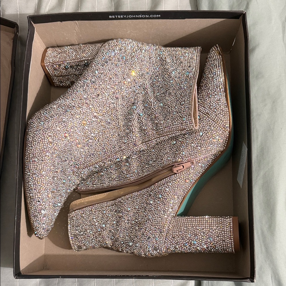 Betsey Johnson Crystal-Encrusted Pink Gold Ankle Boots